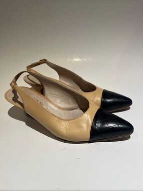 CHANEL Beige Leather Slingback Heels with Black Quilted Toe